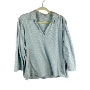 Lands' End Polo Shirt Women XL Blue Stripe Johnny Collar 3/4 Sleeves 100% Cotton